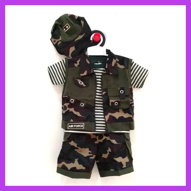 BAJU SETELAN ANAK BAYI ROMPI TENTARA TOPI - COOL ARMY - SIZE 1