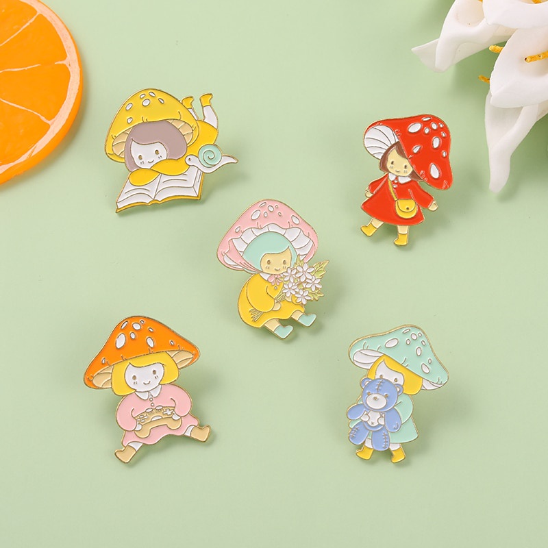 Mushroom Girl Enamel Pin Flower Book Bear Brooch Badges Clothes Lapel Pin Cap Bag Creative Fun Jewelry Gift For Child