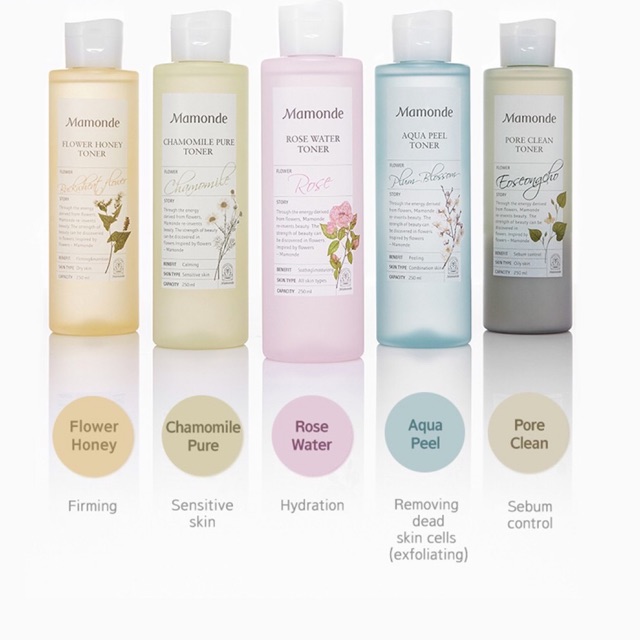 Mamonde Chamomile Pure, Rose Water, Aqua Peel, Pore Clean, Flower Honey Toner 250ml