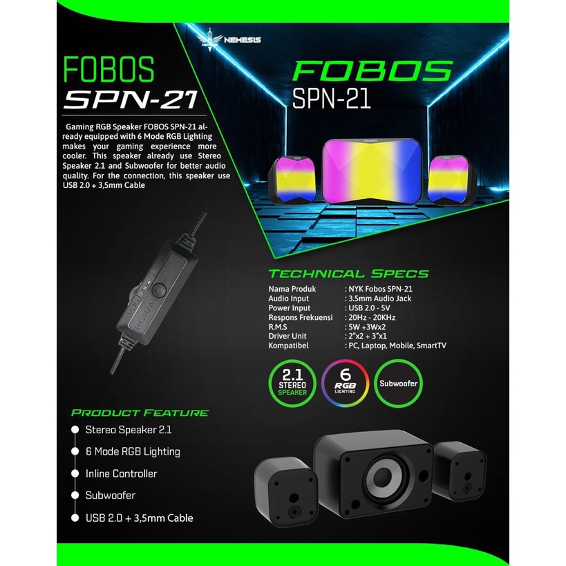 Speaker Gaming RGB NYK Nemesis Fobos SPN-21 Subwoofer 2.1