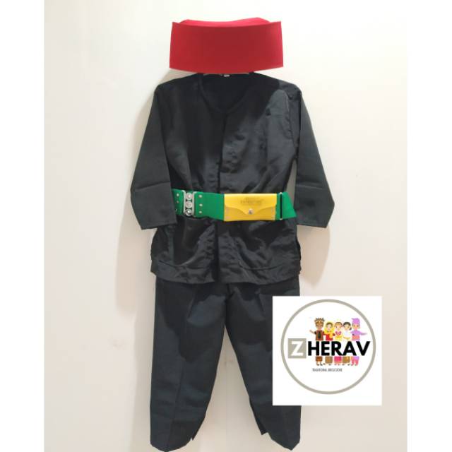 Baju adat Betawi Pitung anak / Baju Pangsi anak Lengkap Peci + Sabuk hijau (gesper )ukuran XL(SD)