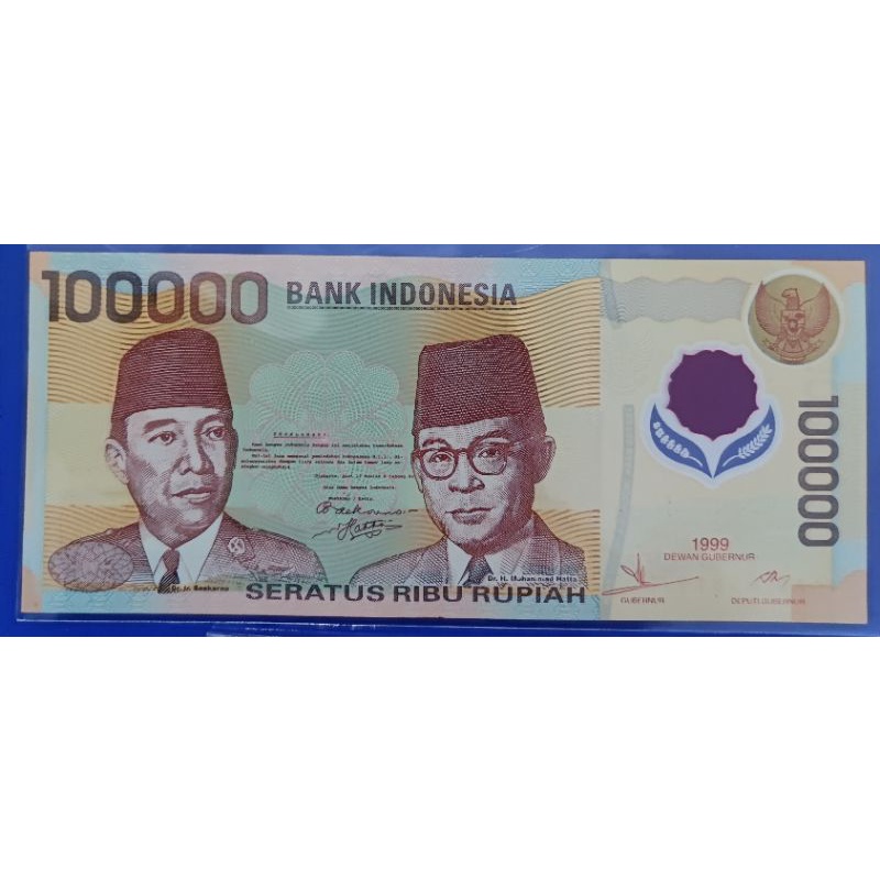 Uang kuno 100.000 rupiah polymer Soekarno-Hatta tahun 1999 AUNC
