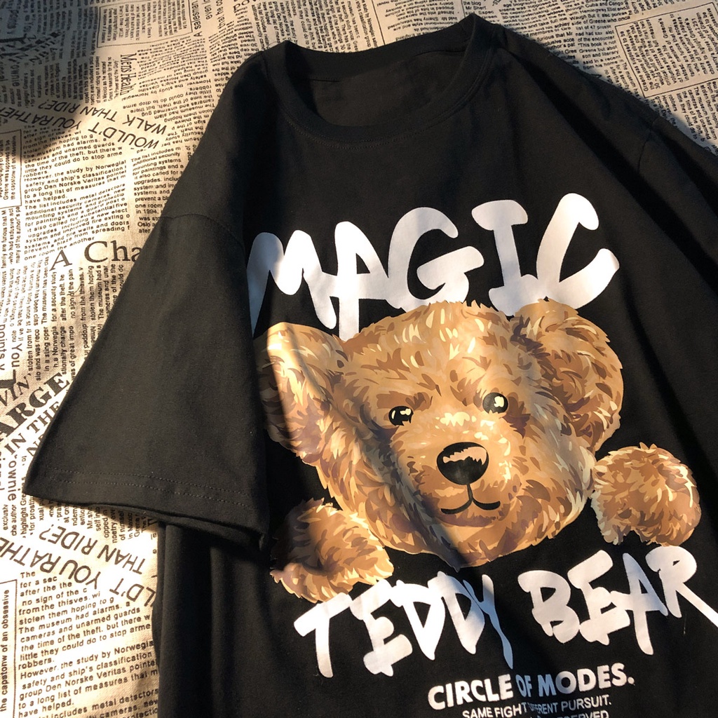 [littlecrab] Kaos Oversize Magic Teddy Bear Kaos Couple T-shirt Hitam Putih Circle Of Modes Kaos Berkualitas Korean Style