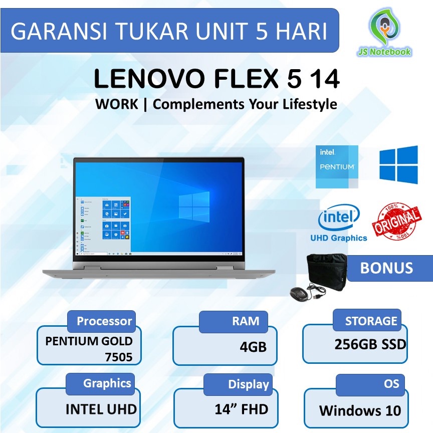 LENOVO FLEX 5 14 2IN1 TOUCH PENTIUM GOLD 7505 4GB 256SSD W10+OHS 14.0FHD-PLATINUM GREY