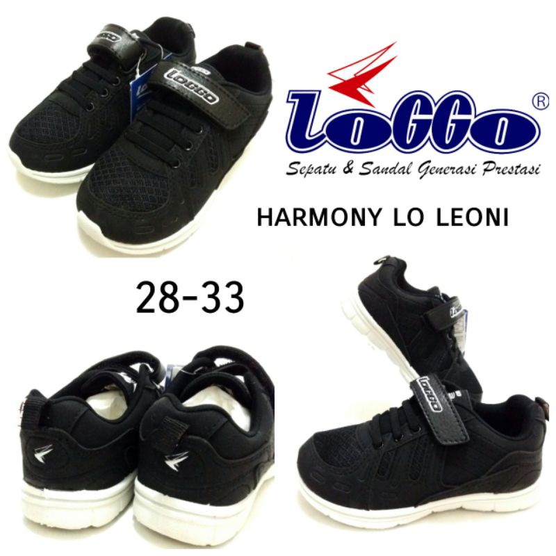 SEPATU SEKOLAH KREKETAN LOGGO HARMONY LO LEONI HITAM PUTIH SIZE 28-33 TEBARU TERMURAH