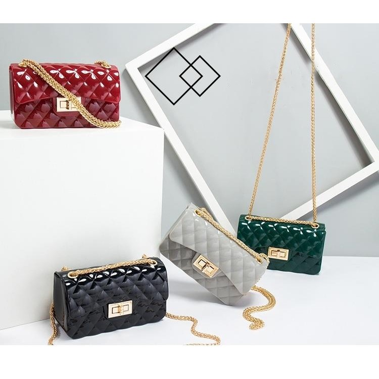 Jelly Bag Glossy Rantai Gold / Jelly Bag Mini / Tas Wanita/ Tas Impor Batam