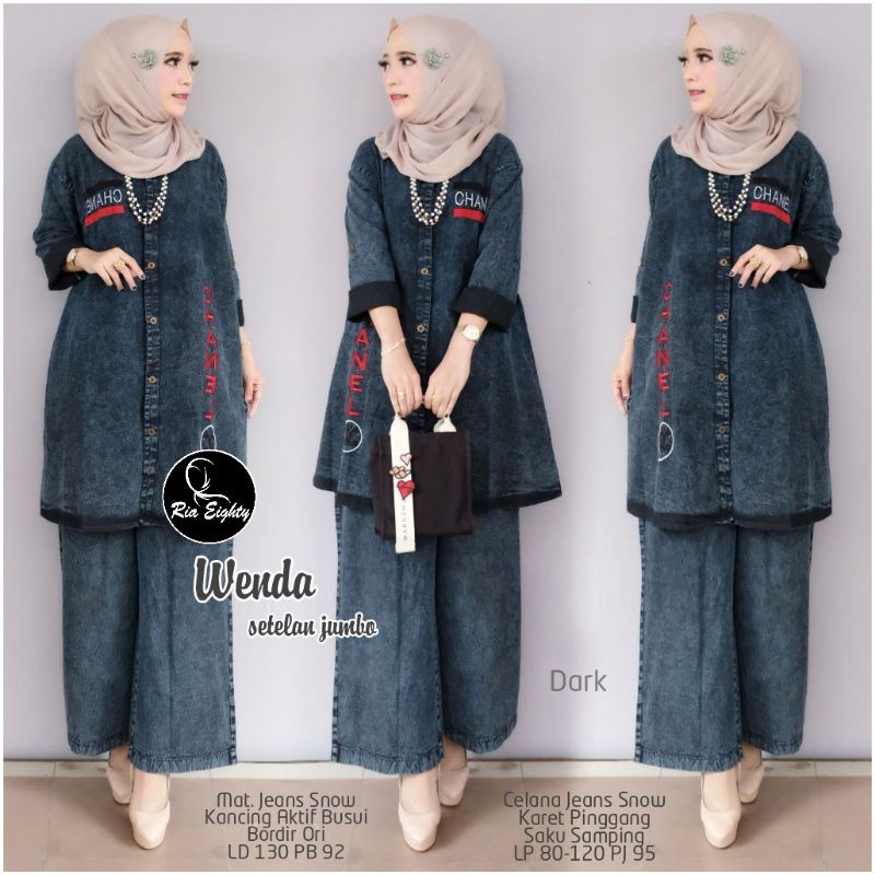Wenda One Set Setelan Kulot Hitam Tunik Jeans Snow Bordir Ld 130 Jumbo Fit XXXL Kancing By Ria