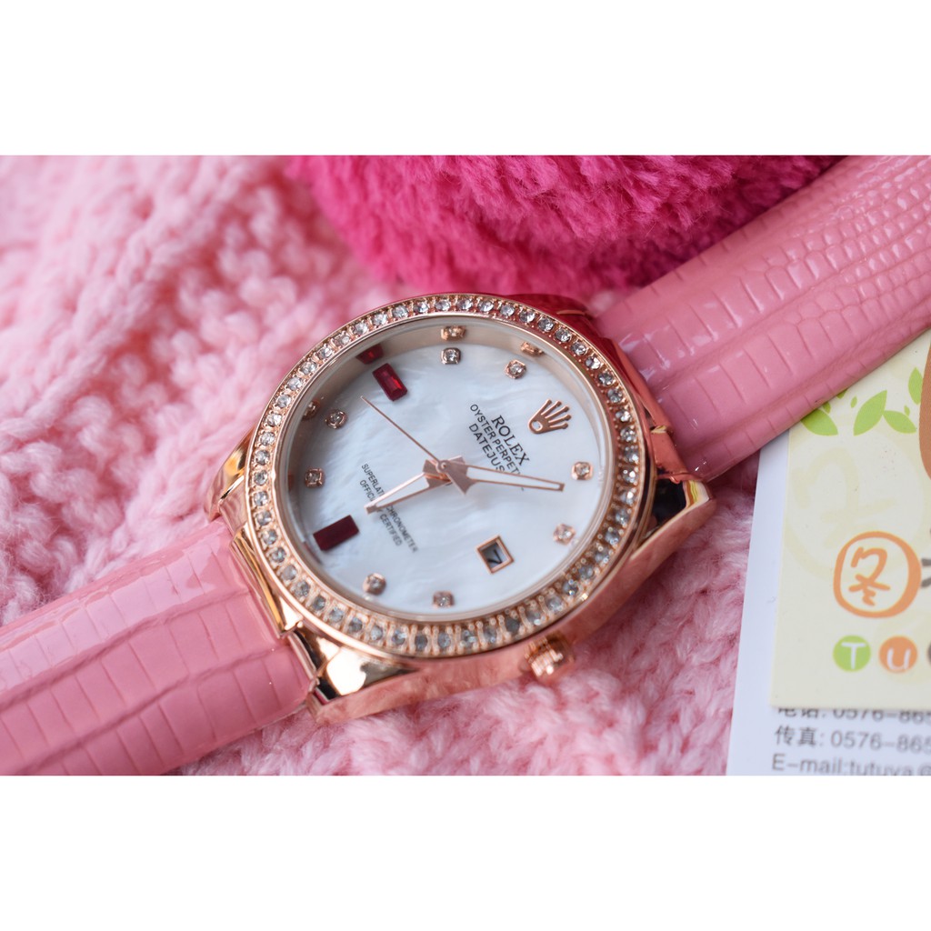 Jam Tangan Rolex Fashion Cewek Wanita Tali Kulit Date Diamond Murah
