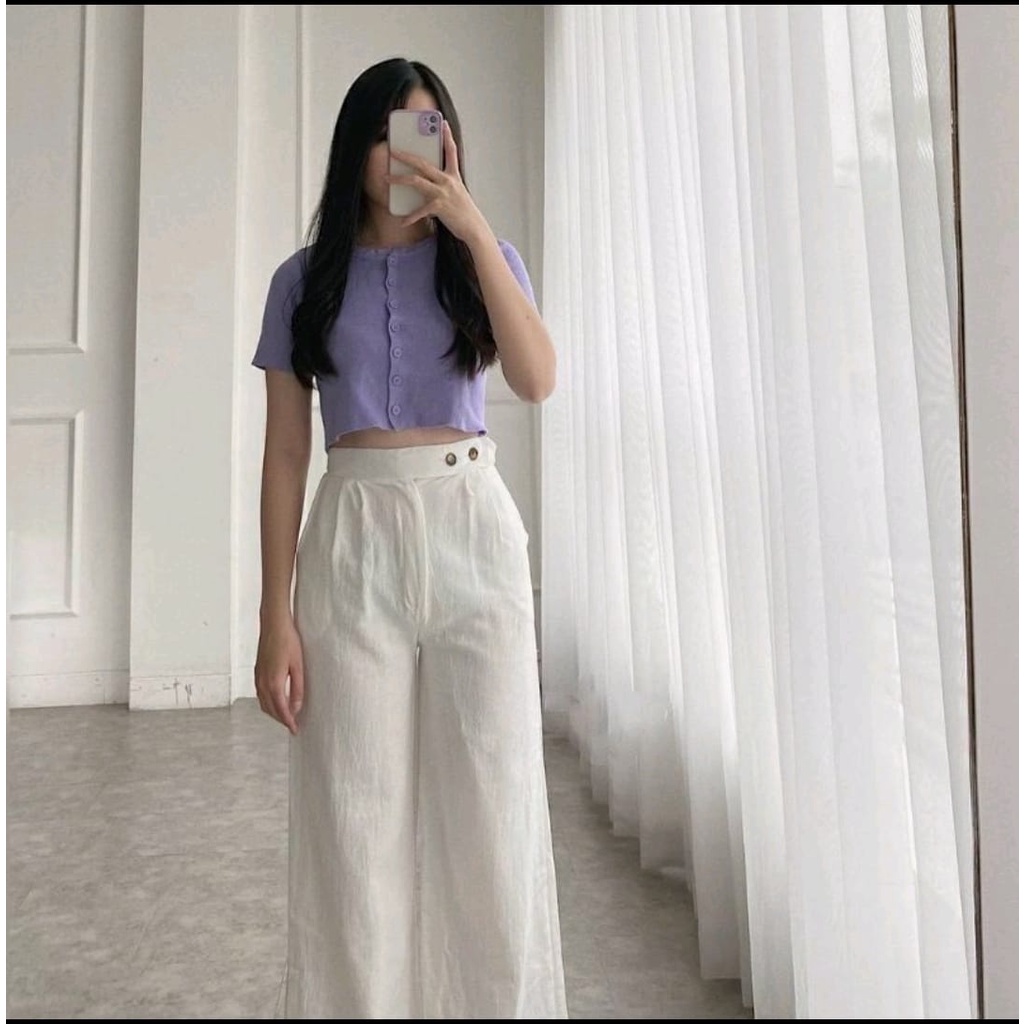 Celana Kulot Linen Highwaist Premium 2240 Side Button - Cullote Pants - Celana Kulot Linen Wanita