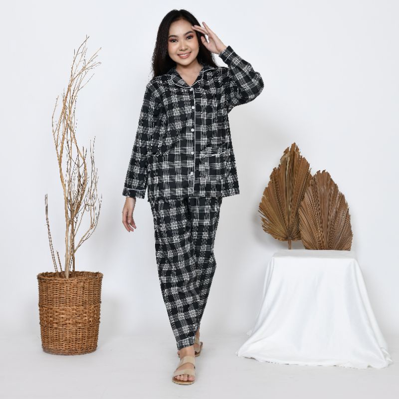 Baju Tidur Piyama Wanita/Cewek Pajamas Dewasa Katun Motif Kotak Kerlita PP Lengan Panjang Kekinian