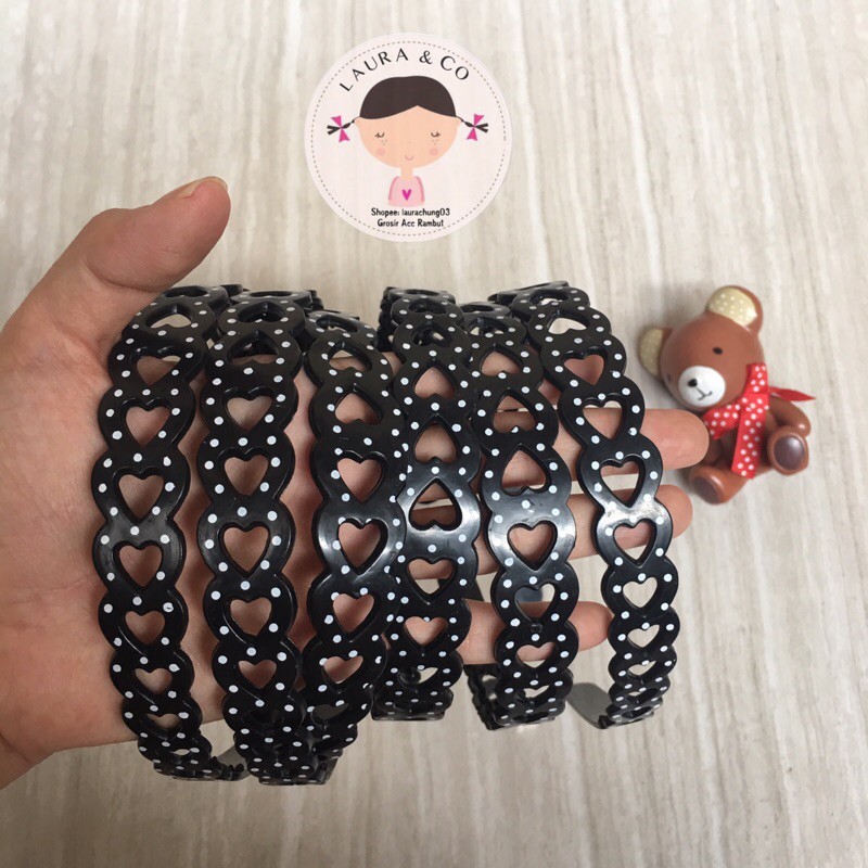 Bando bandana hitam hati polkadot 12pc grosir lusinan