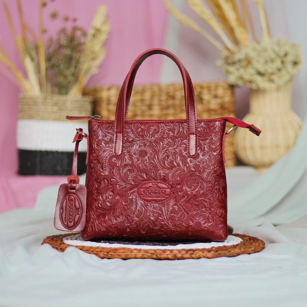 NEW! TAS KULIT ASLI SLEMPANG MODEL MINI RACHEL KULIT SAPI MOTIF BATIK MERAH MAROON/ FREE GRAVIR NAMA