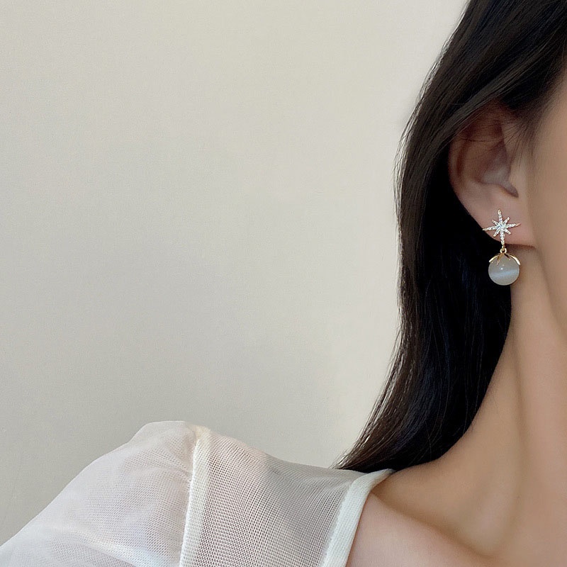 Anting S925 Silver Needle Bentuk Bintang Opal Gaya Korea Untuk Wanita