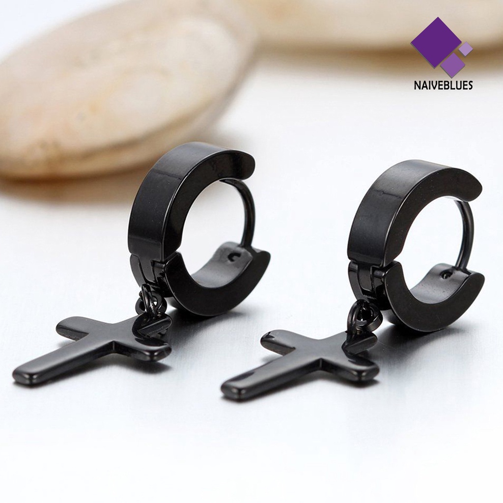 1 Pasang Anting Hoop Liontin Salib Menjuntai Bahan Stainless Steel Untuk Pria