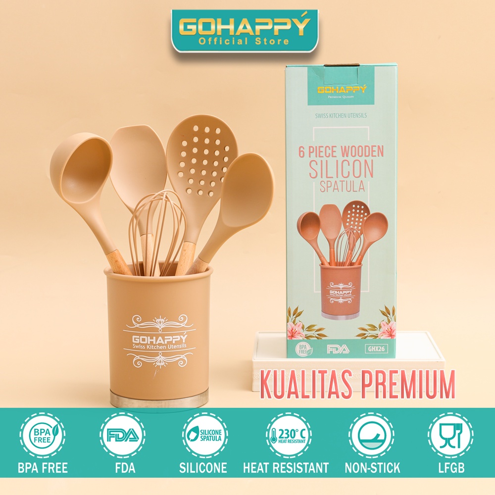 GOHAPPY SPATULA SET Silikon kualitas terbaik dengan wadah sutil utensils set 6 pcs GHX26 PINK OR CHOCO