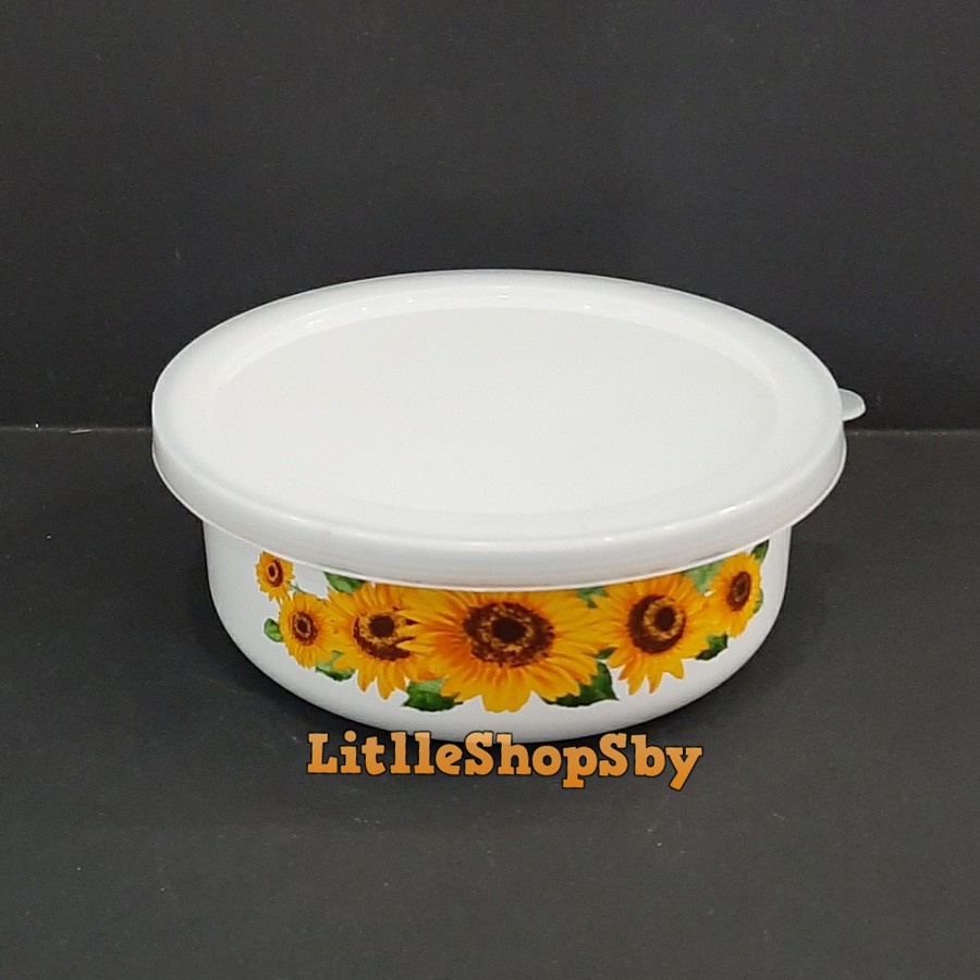 Rantang Bowl Enamel Mangkok 14cm Bunga Matahari SunFlower Tutup Plastik