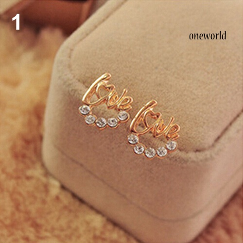 OW@ Fashion Women Elegant Shiny Rhinestone Love Letter Ear Stud Earrings Jewelry