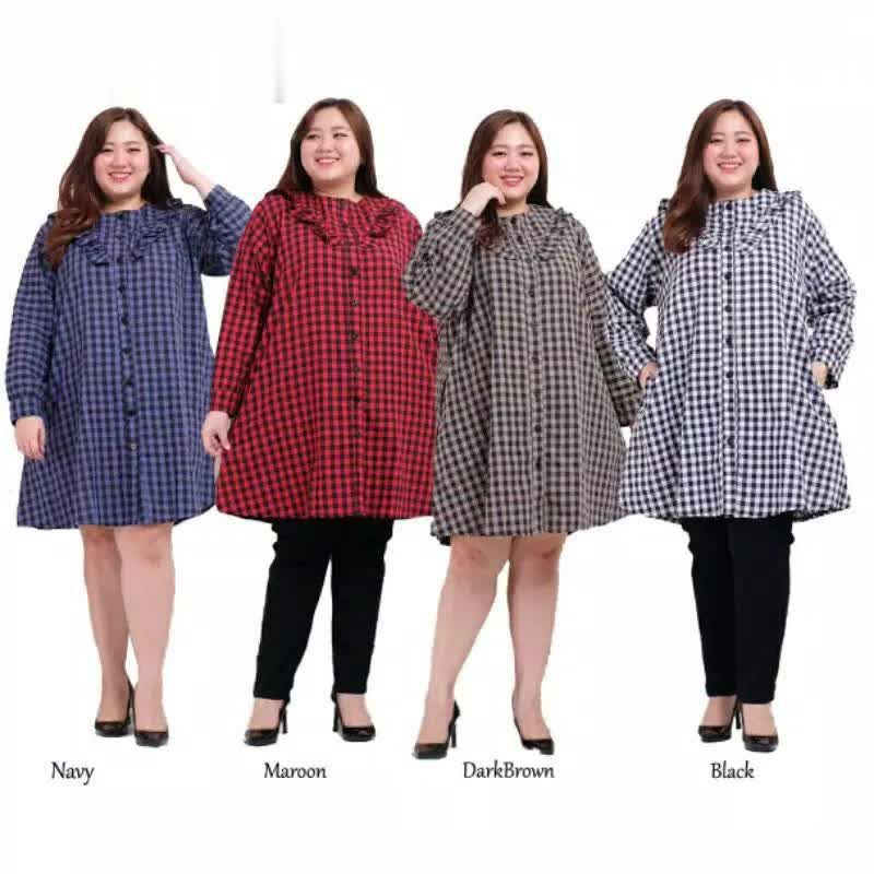 tunik jumbo bigsize big motif kotak kancing baju atasan wanita 3xl 5xl ld 130 145