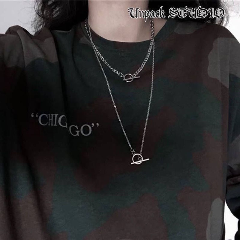 Kalung Rantai titanium steel Dua Lapis Dengan Liontin OT Gaya Harajuku Untuk Pasangan / Pria / Wanita