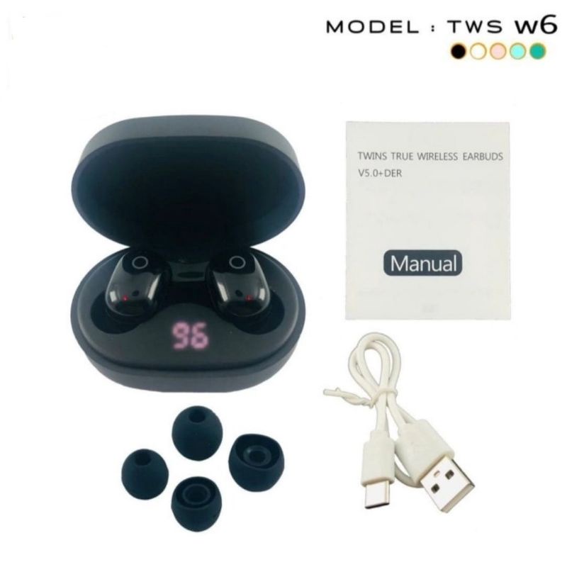 Headset Bluetooth TWS W6 LED Airdots Macaron Earbuds True Wireles