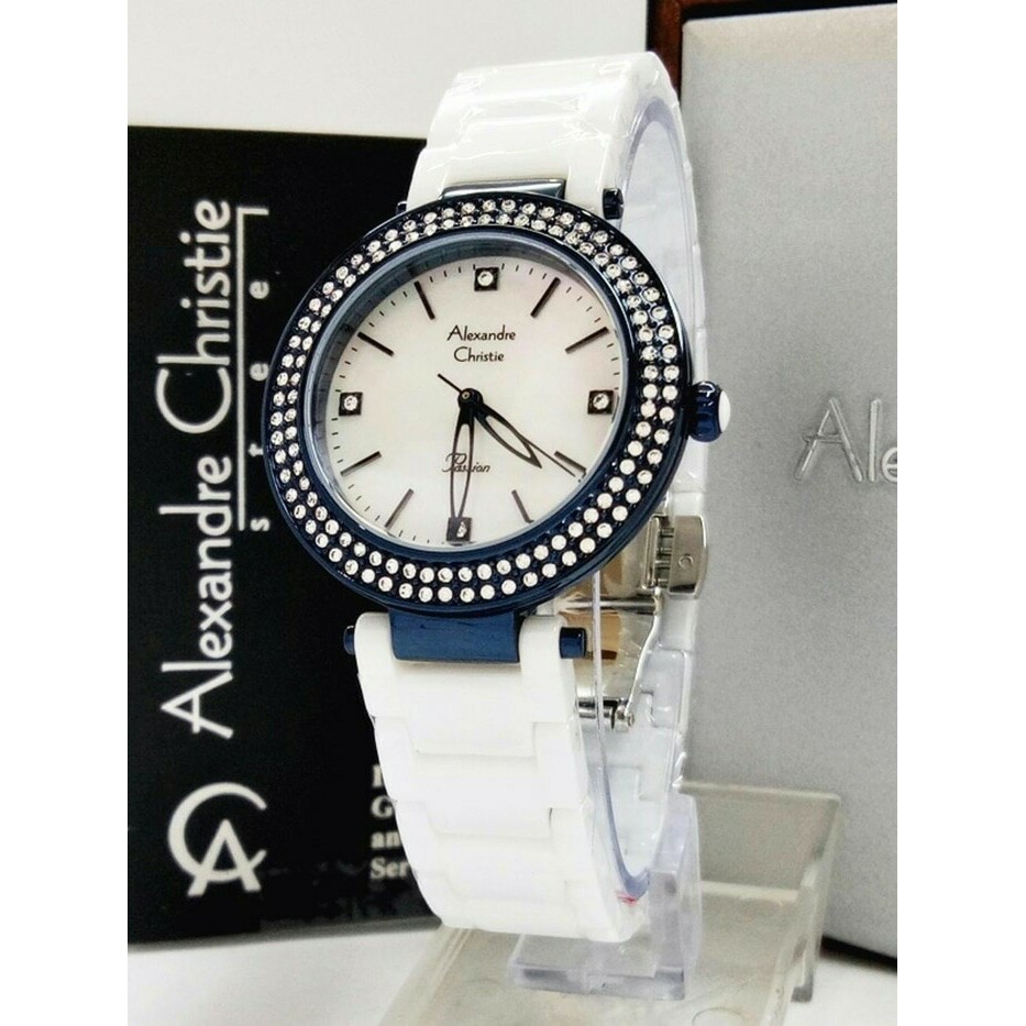 ALEXANDRE CHRISTIE WATCH AC 2323 WANITA BLUE WHITE CERAMIC ORIGINAL