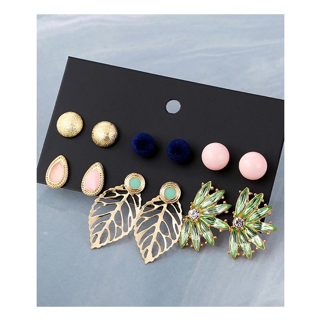 LRC Anting Set Fashion Color Plush Ball Drop Leaf Studs 6 Pairs F37647