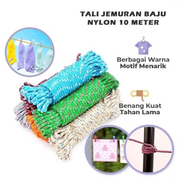 TALI JEMURAN BAJU BAHAN NYLON 10 METER ANTI SLIP KUAT / IKAT TAMBANG KEMAH CAMPING 10M NYLON / CLOTHESLINE