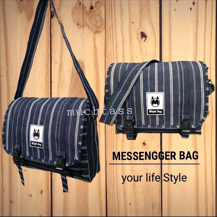 Tas Kanvas Tas Selempang Kanvas Motif Salur Sling Bag Tas Messenger Tas Sekolah Tas Pria Kanvas