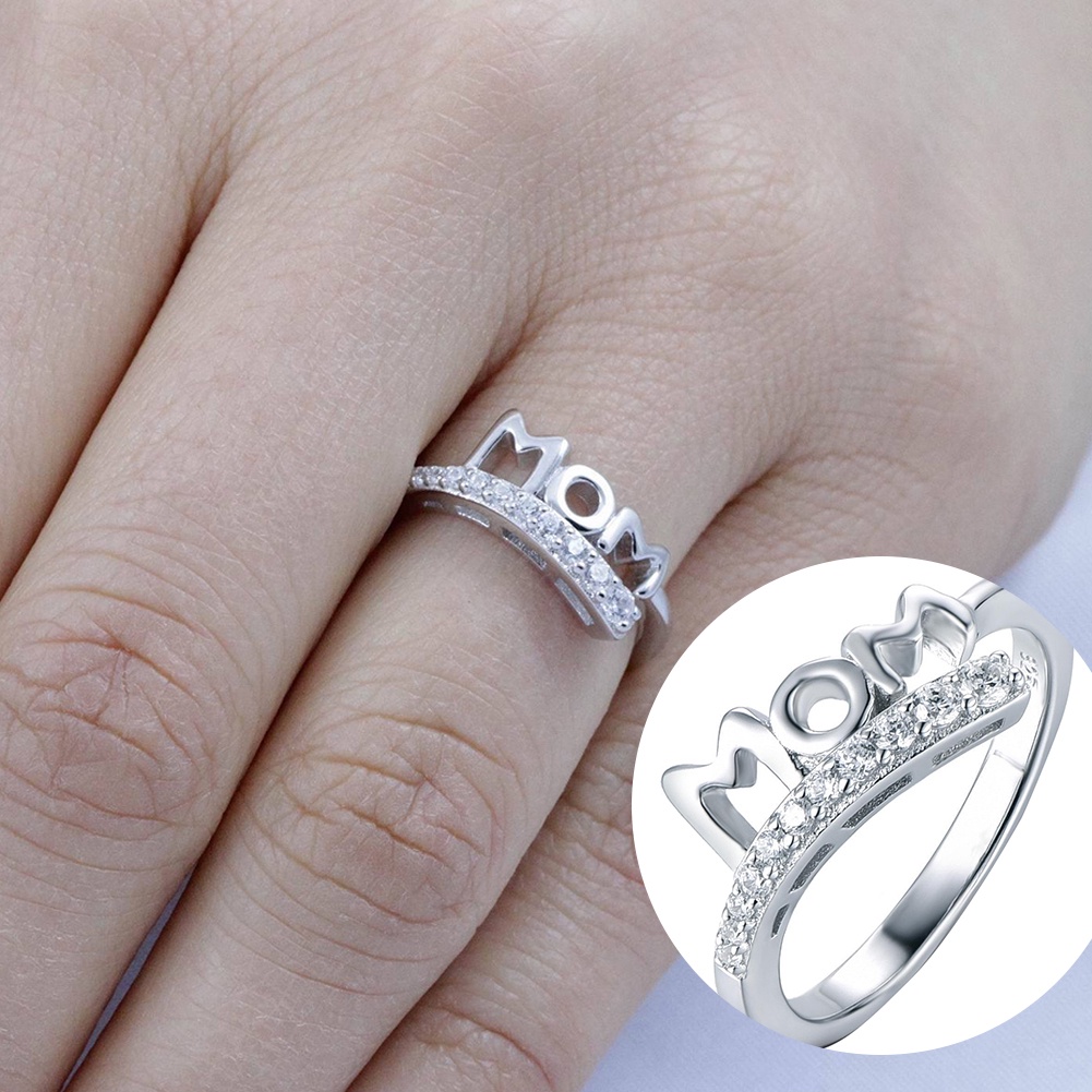 Hu Hu Hu Hu Hu Alat Bantu Pasang Kacamata♡ Cincin Desain Tulisan Mom Aksen Zirkon Untuk Hadiah Hari Ibu