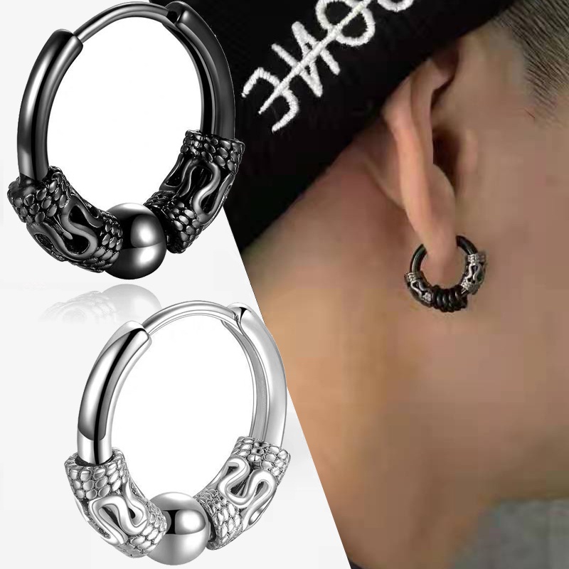 Anting Stud Liontin Bulat Pola Naga Bahan Stainless Steel Gaya Punk Hip-Hop Untuk Pria