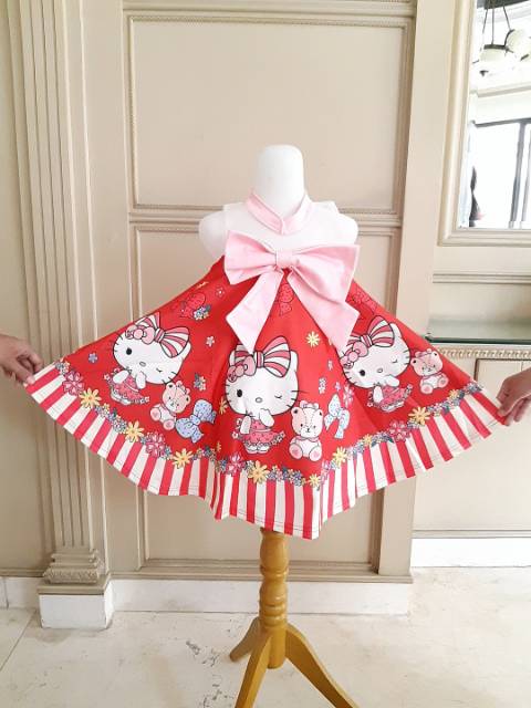 81098 HELLO KITTY RIBBON RED PINK BLUE / DRESS HELLOKITTY ANAK /GAUN PESTA ULANG TAHUN IMPORT KOREA