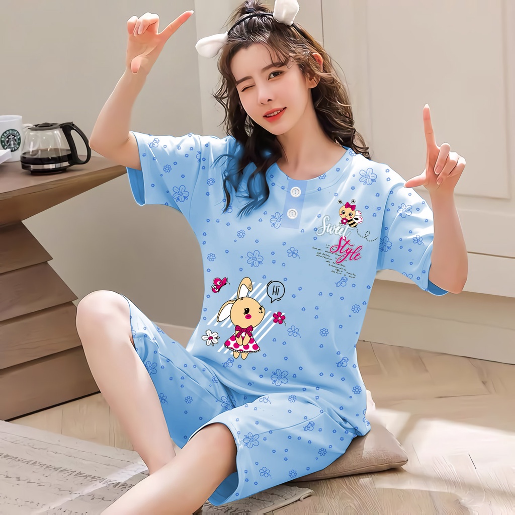 Lilipop.id  Baju Tidur Wanita 3/4 ALL SIZE STANDAR Style BEE Setelan Piyama BabyDoll Kaos Celana Pendek