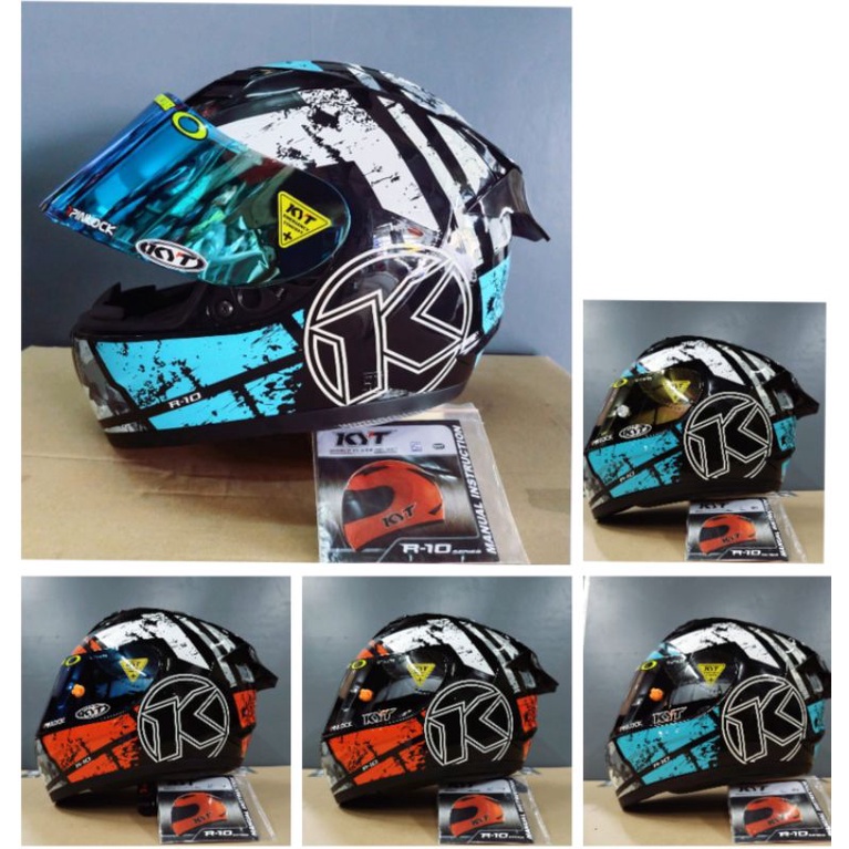 HELM KYT R-10 AQUA BLUE DAN RED PAKET GANTENG VISOR IRIDIUM (include visor ori)