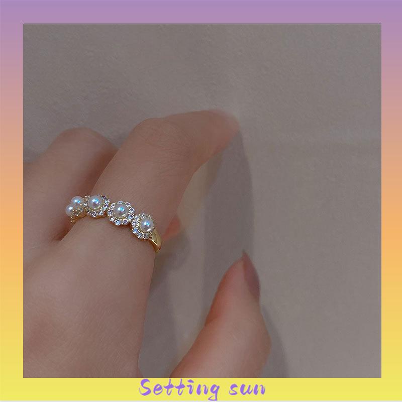 Double-layer Retro Pearl Diamond Ring Niche Light Desain Mewah Cincin Dapat Disesuaikan Terbuka TN