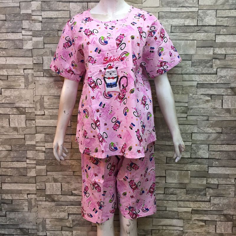 Baju Tidur HOKI &amp; SHEILA Katun wanita Celana 3/4 (Top cat)