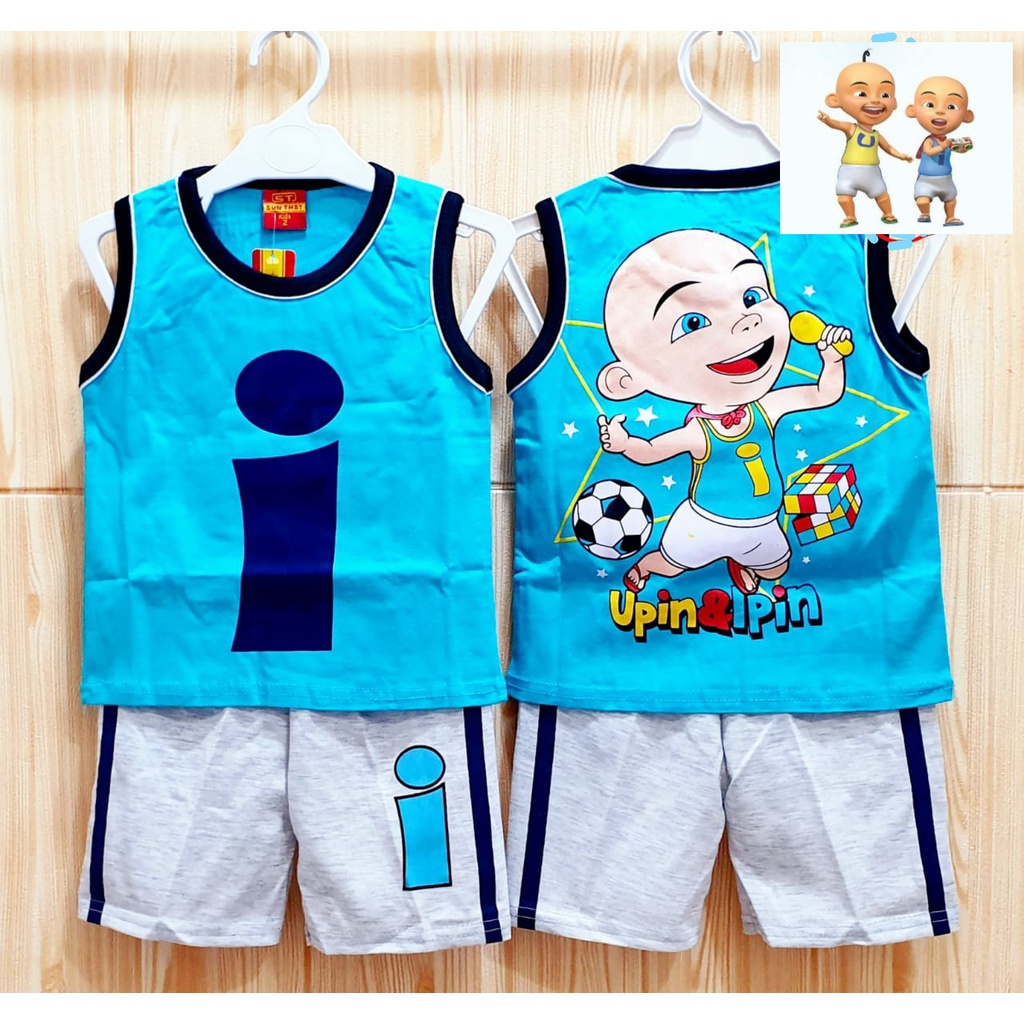 Setelan Baju Kaos Singlet Upin Ipin Anak Umur 1 - 10 Tahun Atasan Pakaian Anak Murah