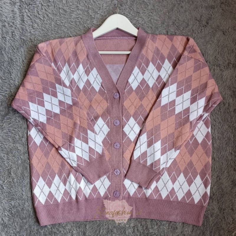 SWEATER PREMIUM ARGYLE CARDIGAN WANITA