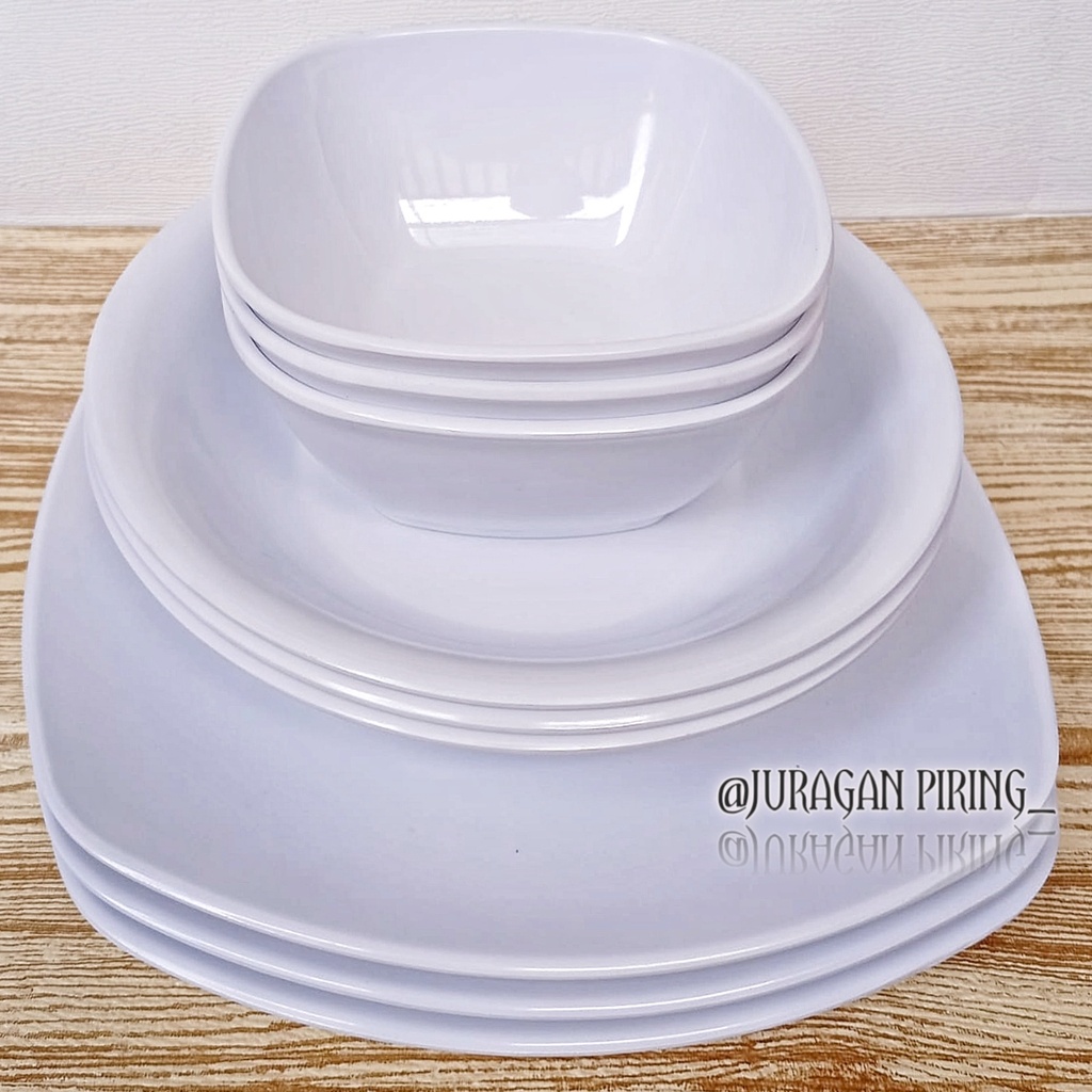 12Pcs Melamin seat Gratis sendok isi 4Piring bulat 4Piring kotak datar 4Mangkuk cekung melamin putih