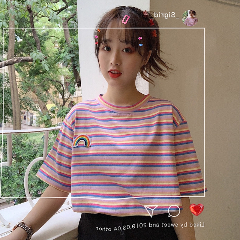 ucu pelangi  longgar stripe kasual lengan pendek  korea kaos  