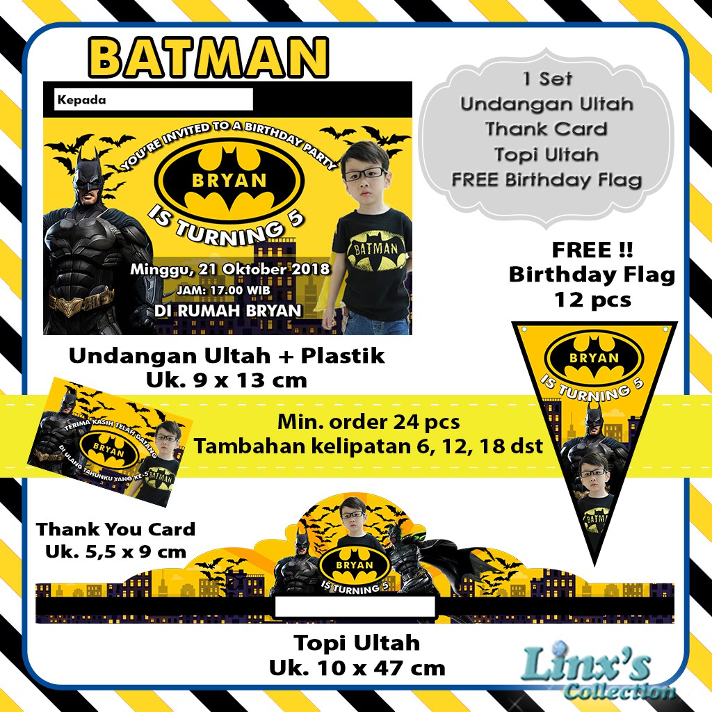 1 Set Undangan Ultah Anakkartu Souvenirtopi Ulang Tahun Batman Superman