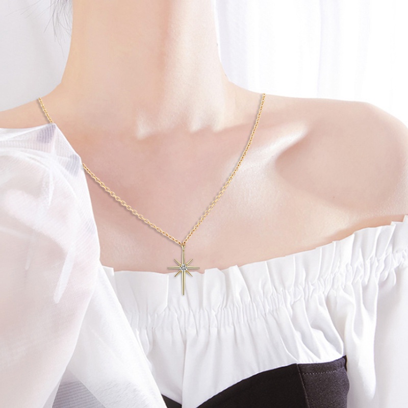 Kalung Emas 14K Liontin Bintang Geometris Aksen Berlian Gaya Kasual Untuk Wanita