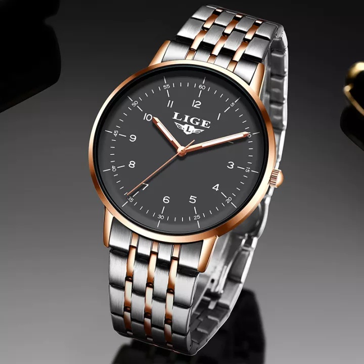 LIGE Jam Tangan Pria Fashion Baru Tahan Air Bercahaya Stainless Steel Analog Quartz Jam Tangan Pria