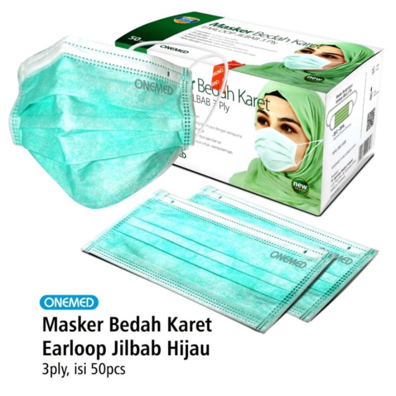 1 BOX ONEMED MASKER HIJAB / EARLOOP BEDAH KARET MEDIS