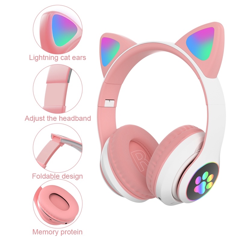 Cat EAR Headset EarPhone Bluetooth STN28 Wireless Lampu Led RGB Bando