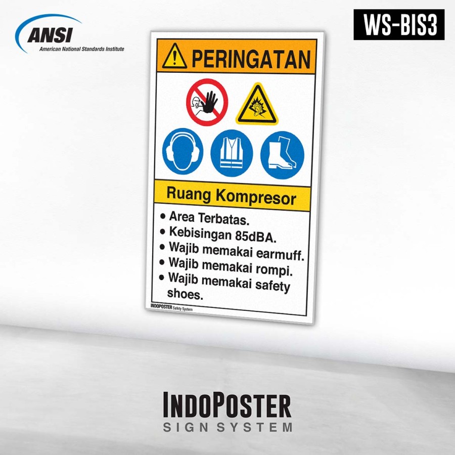 

Stiker K3 Safety Sign ANSI Bahaya Bising Ruang Kompresor Wajib Earmuff