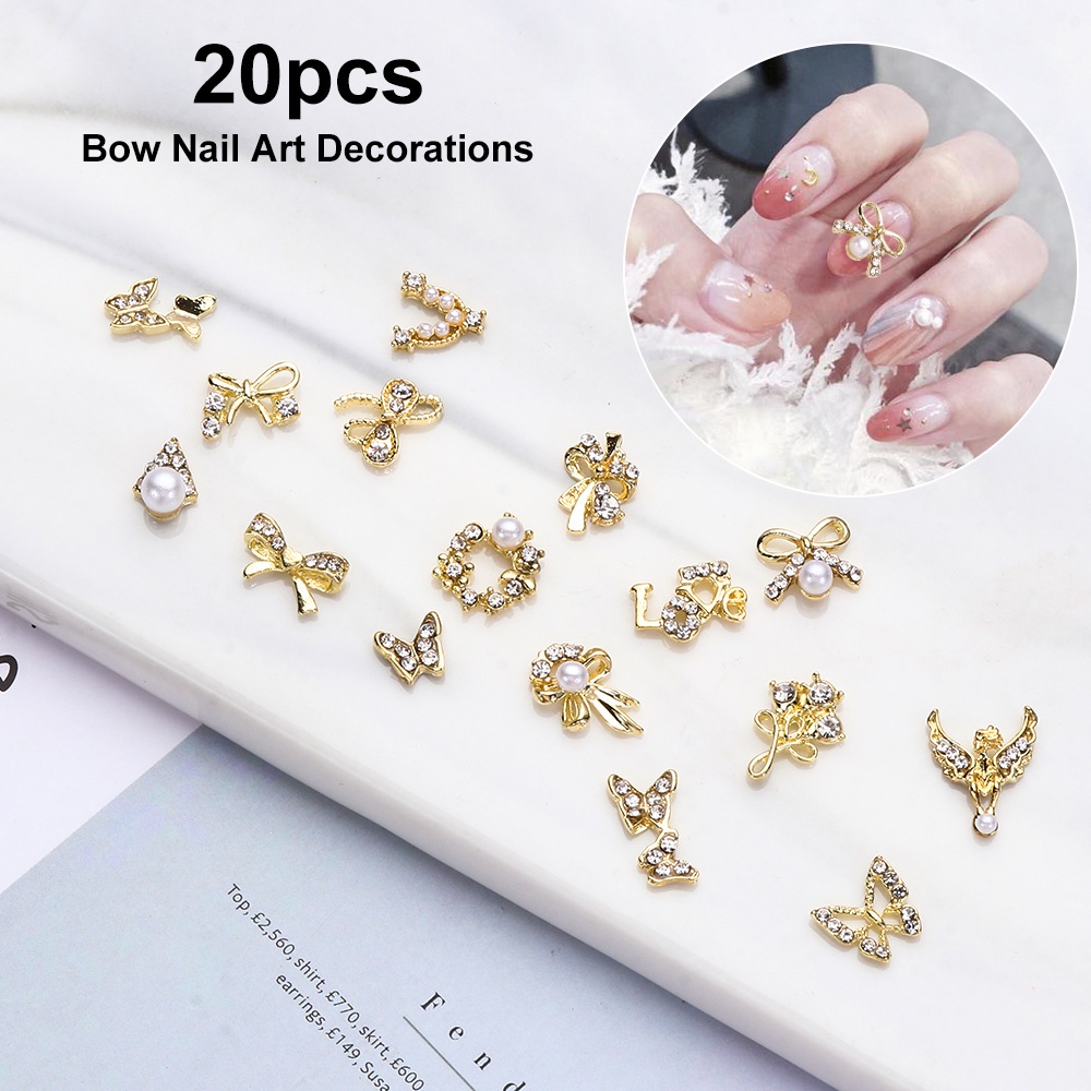 Mxbeauty 20pcs / Pak Stiker Kuku Motif Pita 3d Aksen Berlian Imitasi Untuk Aksesoris Nail Art / Manicure