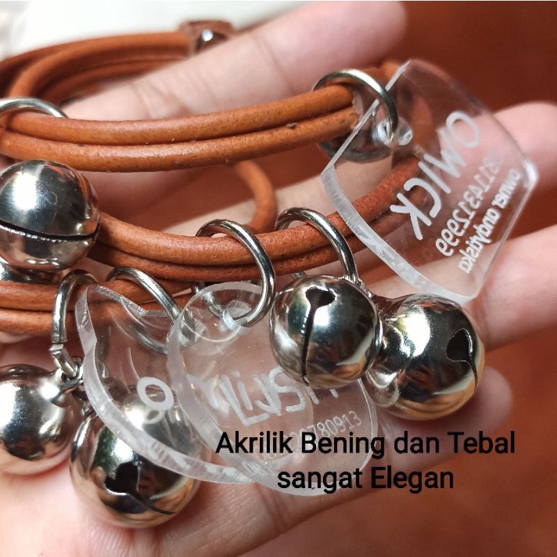 KALUNG KUCING DAN ANJING KECIL LONCENG DOUBLE TAG NAMA CUSTOM AKRILIK BENING TALI KULIT BULAT by iPet