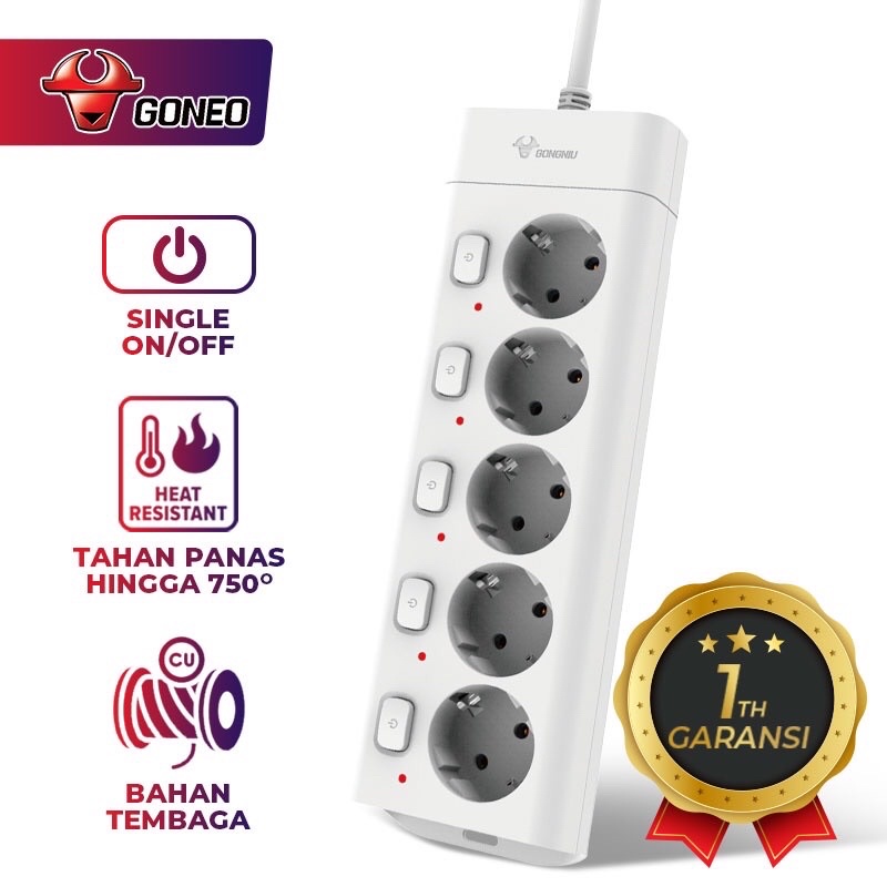 GONEO G3050 Stop Kontak Single On/Off Power Strip 5 Lubang Colokan Gongniu Tahan Panas Panjang Kabel (1.5m / 3m / 5m)  - Garansi 1 Tahun