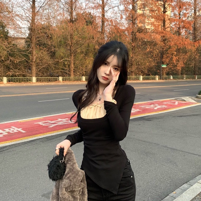 [✅BISA COD] #Sisjuly# Kemeja lipit penutup daging chiffon bow stitching T-shirt hem slit top women