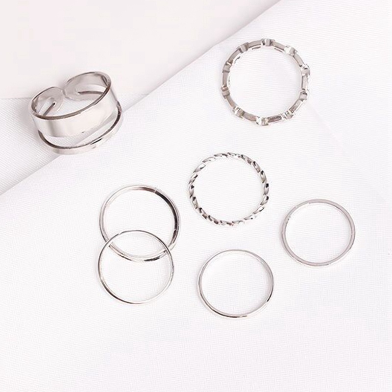 7pcsset Cincin Model Terbuka Bahan Metal Desain Bulat Hollow Untuk Wanita